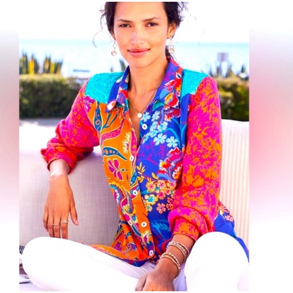 Soft Surroundings Women's Hermosa Tunic Button Down Top Blouse Floral Sz PS $110